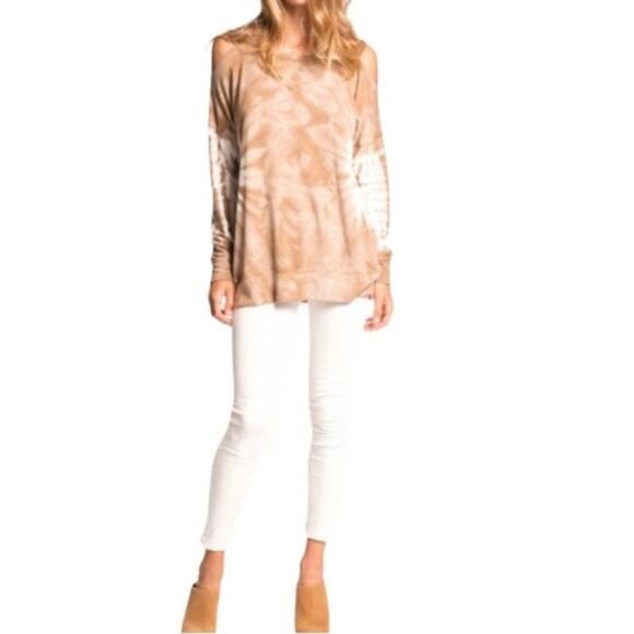 PPLA Petra Tan & White Tie Dye Cold Shoulder Long Sleeve Top Large - Picture 3 of 8